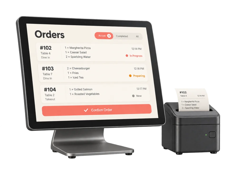 A modern restaurant point-of-sale terminal and receipt printer, viewed from the front.
