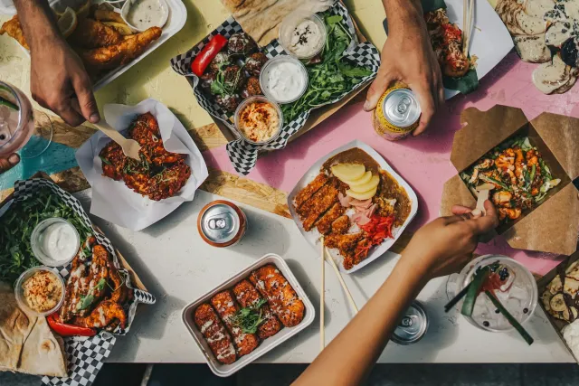 A relaxed evening sharing food at a restaurant